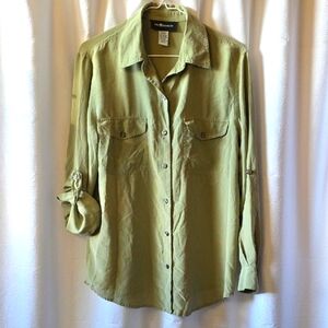 Silk Sag Harbor Olive Button-Up Blouse with tab roll-up sleves.